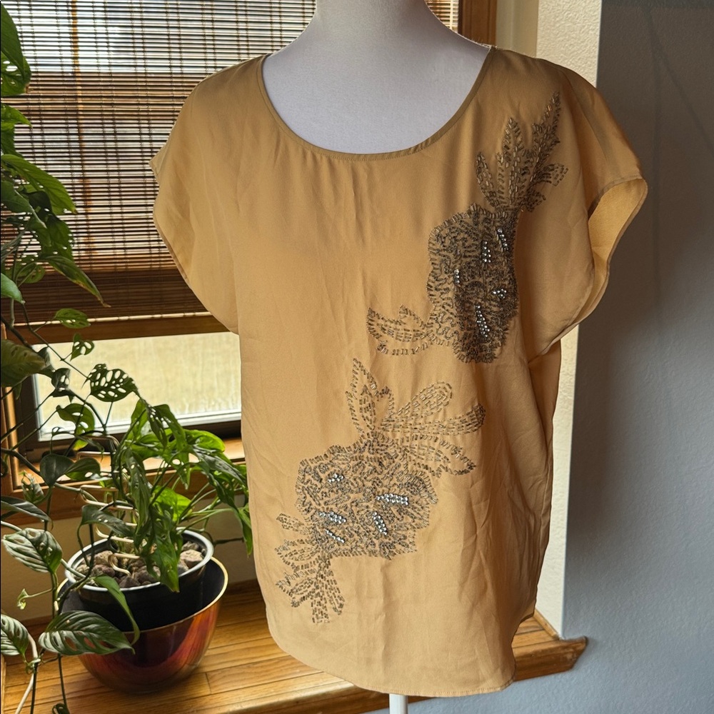 Talbots MP Gold Sequin Blouse Round Neck Dolman Short Sleeve